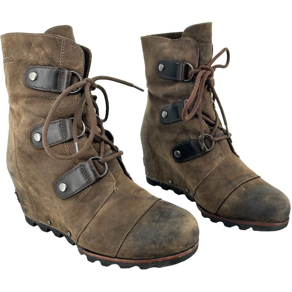 B5 Sorel NL1987 Women Joan of Arctic Wedge Heel Waterproof Lace Up Boots Leather